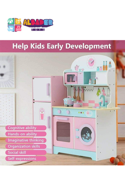 ALBADER Wooden Kitchen Toy With Oven and Cook Food Toys Set And Ice Maker, Large wooden kitchen