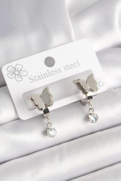 AfraBeauty 316L Steel Silver Dangle Zircon Stone Silvery Butterfly Model Women's Earrings