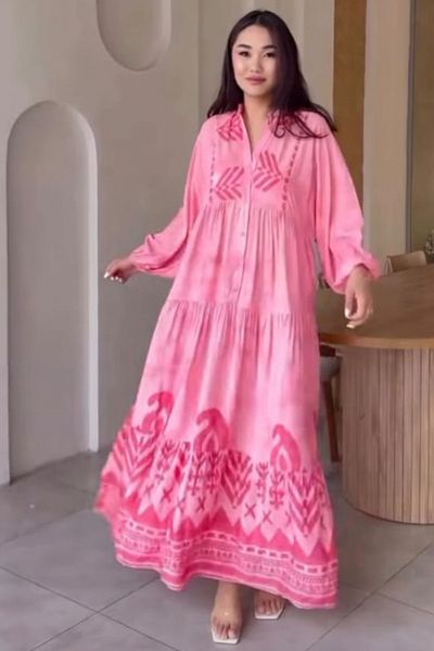 AYASOFYA OTANTIK Women's Pink Buttoned Patch Collar Balloon Loose Wide Cut Sleeve Long Dress