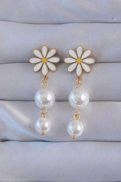 AfraBeauty 316L Steel Gold Pearl Stone Daisy Model Dangle Earrings