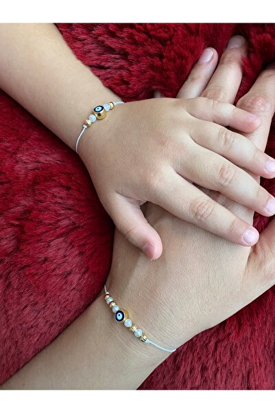 NurEra Design Nazar Boncuklu Beyaz Makrome Anne-Kız Kombin Bilekliği