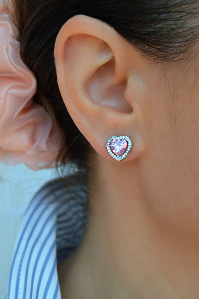 Mu Minamu Pembe Zirkon Taşlı Kalp Küpe Kalp Model Küpe