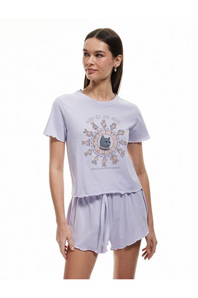 Koton New Season Cotton Short Sleeve U Neck Cat Printed Shorts Pajamas Set