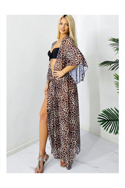 Star Fashion Long beach robe, pareo style, made of veil, with three-quarter sleeves and drawstring at the waist