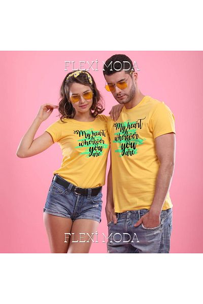 Hunors Sportswear & Company Tricou oversize din 2 piese pentru cuplu îndrăgostiți, scris My heart Is Where You