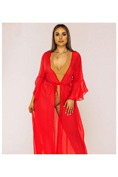 Star Fashion Long beach robe, pareo style, made of veil, with three-quarter sleeves and drawstring at the waist