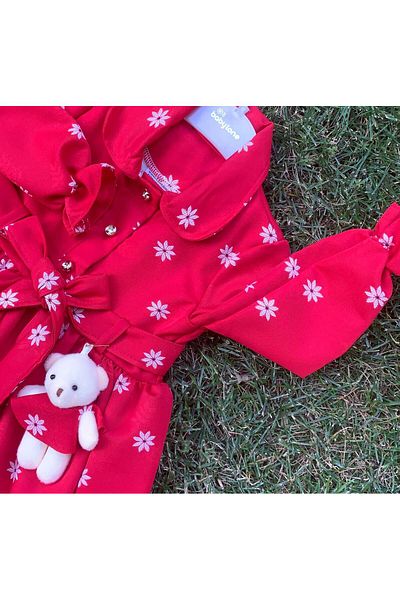 XORVİO Girl's Long Sleeve Belted Buttoned Baby Collar Cotton Red Color Floral Teddy Bear Dress