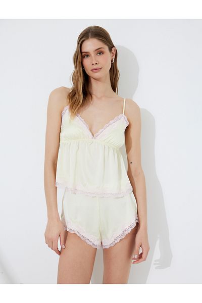 Koton New Season Lace Detailed V-Neck Thin Strap Satin Pajama Top
