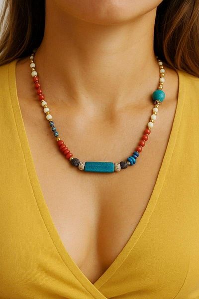 Fildişi Aksesuar Ethnic Design Handmade Women's Necklace with Turquoise Natural Stone (45 cm)