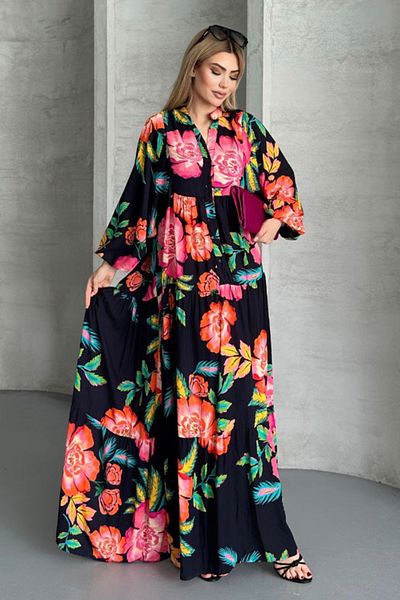 AYASOFYA OTANTIK Women's Black Buttoned Patchwork Floral Patterned Collar Balloon Loose Sleeve Long Dress