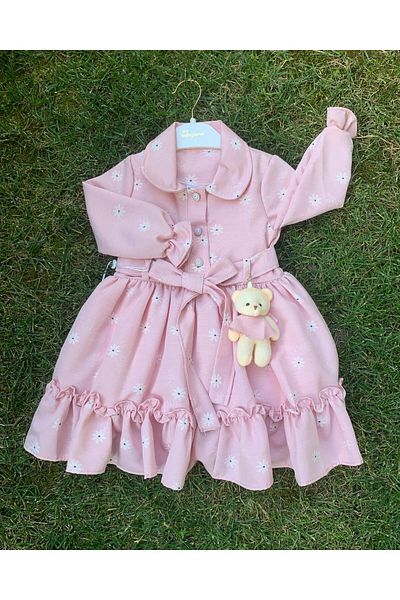 XORVİO Girl's Long Sleeve Belted Buttoned Baby Collar Cotton Pink Color Floral Teddy Bear Dress