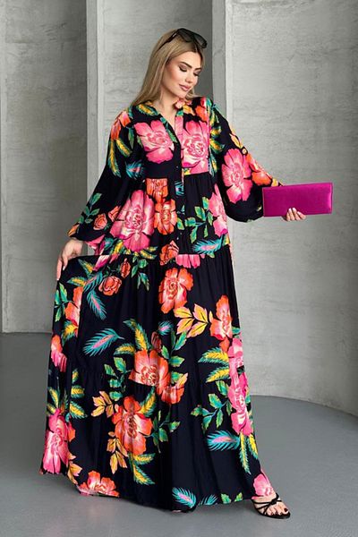 AYASOFYA OTANTIK Women's Black Buttoned Patchwork Floral Patterned Collar Balloon Loose Sleeve Long Dress