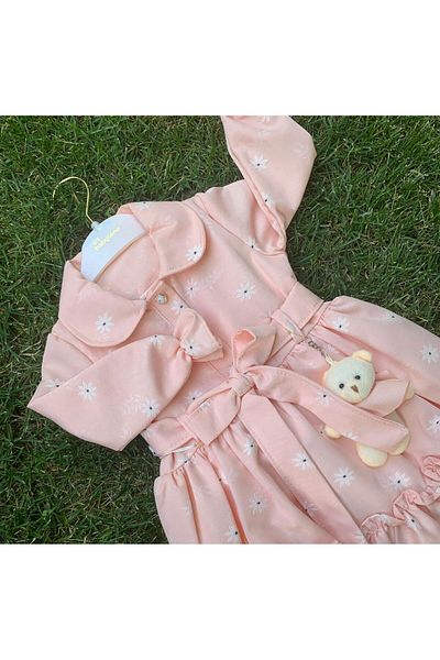 XORVİO Girl's Long Sleeve Belted Buttoned Baby Collar Cotton Salmon Color Floral Teddy Bear Dress