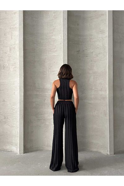 Brood Women's Textured Knitwear Look Crew Neck Blouse-Baggy Pants Set