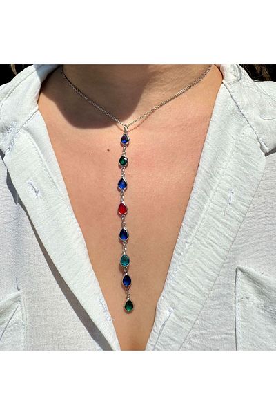mos&more Silver Steel Tarnish Free 7 Stone Drop Elegant Y Necklace