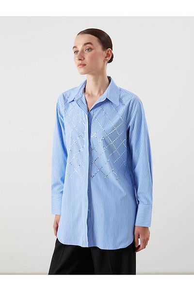 LC Waikiki Blue Striped Shiny Stone Printed Women's Shirt Tunic
