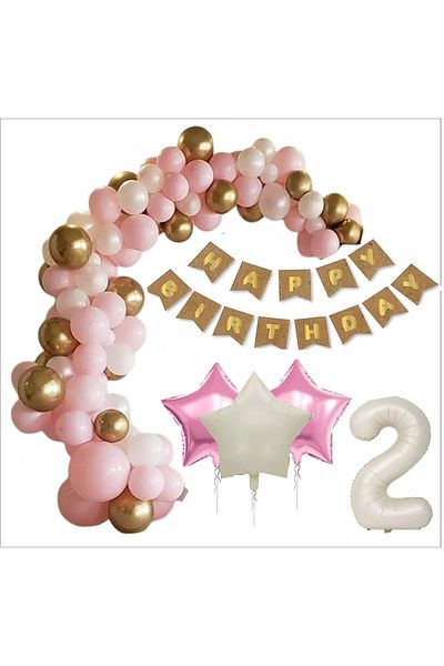 ZENVİVA 2 Years Kraft-Gold Banner, 30 Pieces Pink, Gold, White Balloon 2 Pink 1 Beige Star Birthday Set