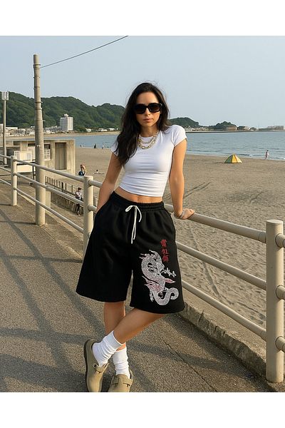 Touz Moda Dragon Detail εμπριμέ μαύρο χτενισμένο σορτς