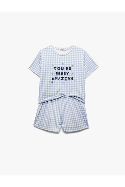 Koton New Season Printed Gingham Pattern Short Sleeve Crew Neck Shorts Pajama Set