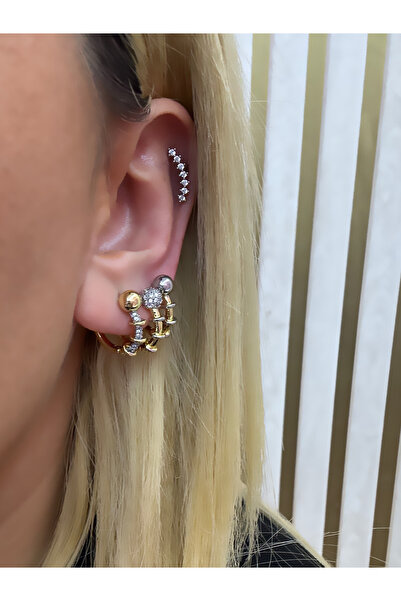 Hicrans Takı ÇİFT RENKLİ TOPÇUK DETAYLI ÜÇLÜ SET ÇELİK KÜPE