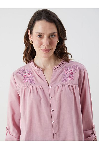 LC Waikiki Grace Pink Scoop Collar Floral Embroidered Women's Shirt