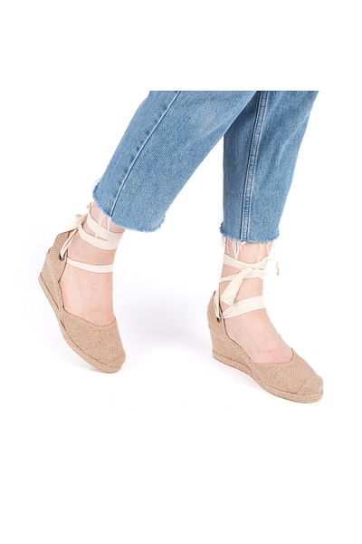 Star Tombis Real Handmade Open Back Wide Drawstring Straw Toe Wedge Heel Linen Women's Espadrille Handmade