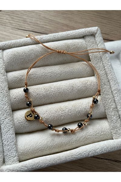 Pel Design Minimal Hematite Stone Adjustable Rope Bracelet & Anklet with Letters