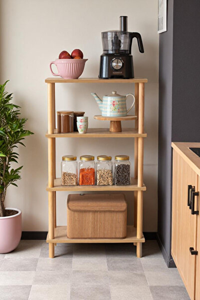 KAŞIKBEY Ahşap Dekoratif Mutfak Banyo Rafı 4 Raflı Ahşap Ayaklı Kitaplık Ayak...