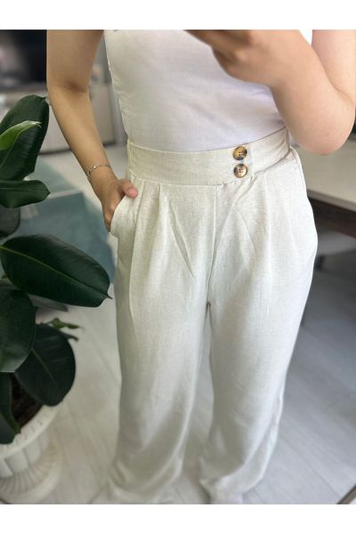 Meralles Stone Color Linen Trousers with Elastic Waist (Leggings)
