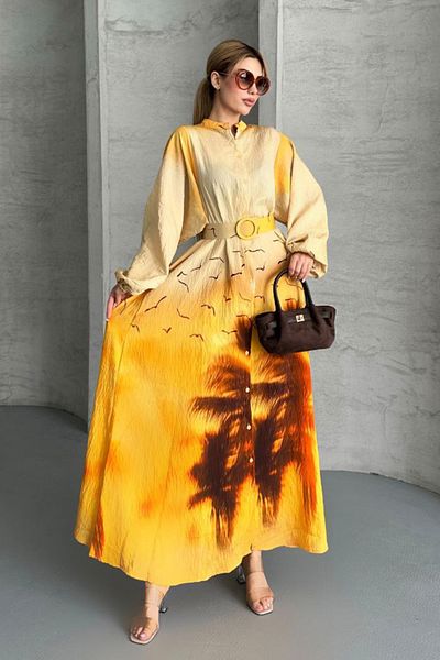 AYASOFYA OTANTIK Women's Yellow Patterned Balloon Sleeve Long Shirt Dress