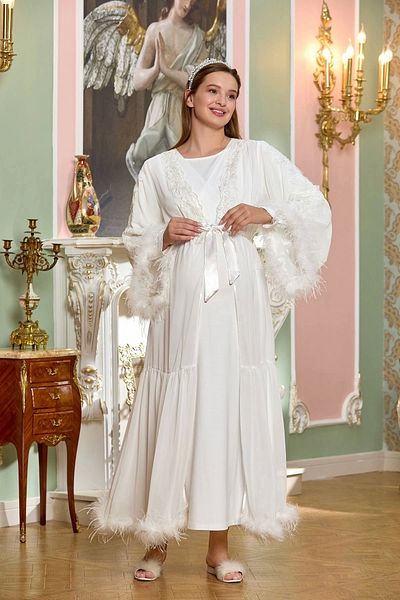 buHillco Aqua Ecru Otrişli Lace Detailed Belted Chiffon Women's Maternity Dressing Gown