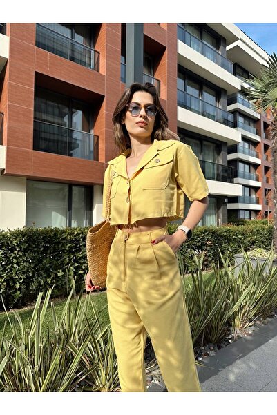 Nokta Raw Linen Wood Button Crop Jacket Pants Double Set