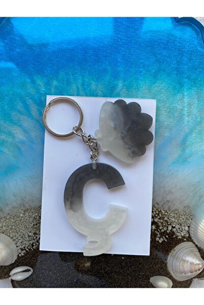 Yopoksi Desing Epoxy Letter C Pink Keychain with Gold Leaf and Flower Leaves