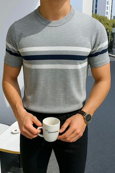 LC Waikiki Lc Waiki Crew Neck Striped Short Sleeve Men's Summer Knitwear T-Shirt - Breathable
