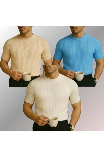 LC Waikiki Lc Waiki 3-Pack Advantage Package Crew Neck Short Sleeve Striped Breathable Premium Men's Summer Ti