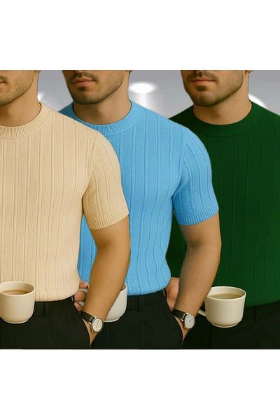 LC Waikiki Lc Waiki 3 Pack Crew Neck Striped Short Sleeve Men's Summer Knitwear T-Shirt - Breathable Prem