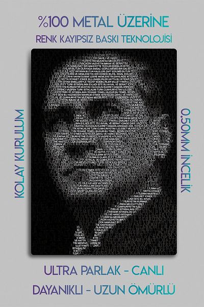 DekorHane Imprimare metalică - Mustafa Kemal Atatürk, pictură decorativă tematică cu scris Hitabe pentru tineret