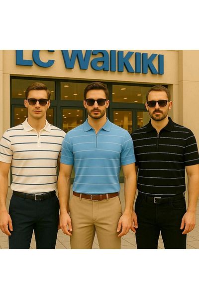 LC Waikiki Lc Waiki 3-Pack Advantageous Package Polo Collar Zipper Striped Short Sleeve Men's Summer Knitwear T-Shirt / T-S