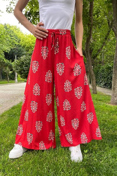 AYASOFYA OTANTIK Women's Red Elastic Waist Ethnic Patterned Wide Leg Trousers with Pockets