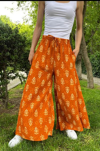 AYASOFYA OTANTIK Women's Cappuccino Elastic Waist Ethnic Patterned Wide Leg Trousers
