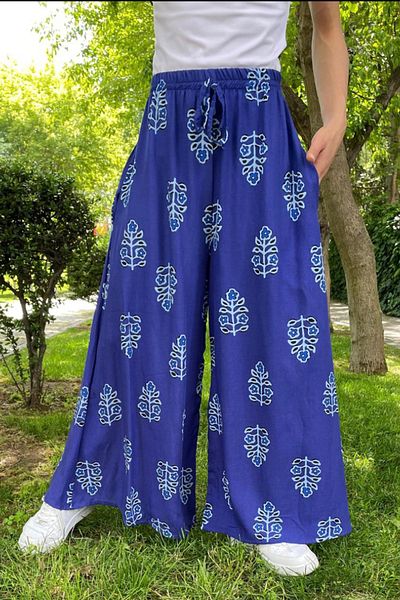 AYASOFYA OTANTIK Women's Saks Blue Elastic Waist Ethnic Patterned Wide Leg Trousers with Pockets