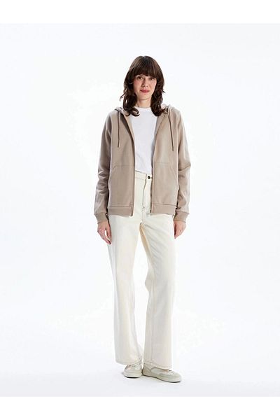 LC Waikiki Lc Waiki Basic Brown Hooded Plain Long Sleeve Women's Zip Sweatshirt