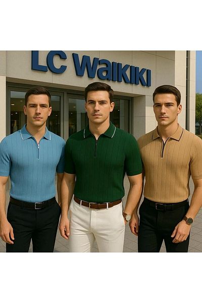 LC Waikiki Lc Waiki 3-Piece Advantageous Polo Neck Zippered Short Sleeve Men's Summer Knitwear Premium Quality T-Shirt / T-