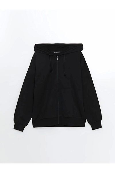 LC Waikiki Lc Waiki Classic Black Hooded Oversize Women's Zippered Sweatshirt