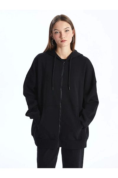 LC Waikiki Lc Waiki Vision New Black Hooded Oversize Women's Zippered Sweatshirt