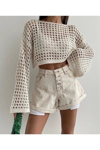 LC Waikiki Lc Waiki Cream Hollowed Mesh Crop Short Summer Knit Hollowed Knitwear Sweater