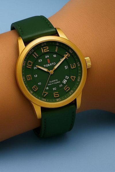 style iconic TIGERTO Green & Gold Men's Watch – Fade-Proof Color | Date Display | 1-Year Guarantee 📝