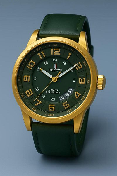 style iconic TIGERTO Green & Gold Men's Watch – Fade-Proof Color | Date Display | 1-Year Guarantee 📝