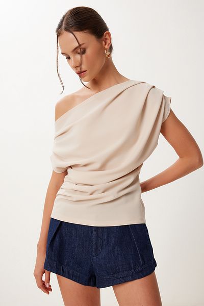 Lovelyİstanbul Bluză tricotată elastică Drapeli CREAM LFW0009