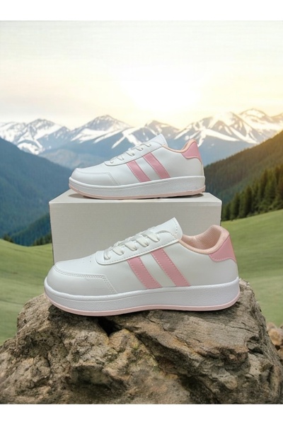Trendova Beyaz-Pudra İki Bantlı Unisex Günlük Hafif Taban Sneaker Spor Ayakkabı